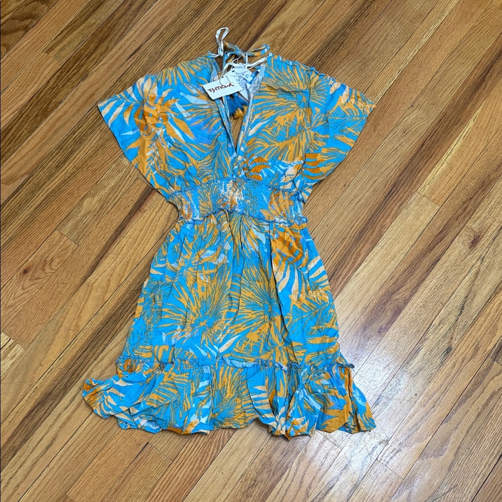 Blue Island Beach Tropical Print Mini Dress | Smocked Waist | New with Tags